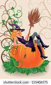 Halloween sexual witch and pumpkin, vector illustration