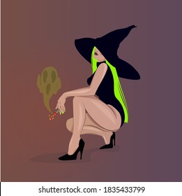 Halloween Sexy Witch Girl With Green Hair Holding A Marijuana Joint With A Spooky Ghost Coming Out Of It. Trendy Halloween Vector Character Concept.