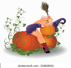 Halloween sexy witch with pumpkins, vector illustration