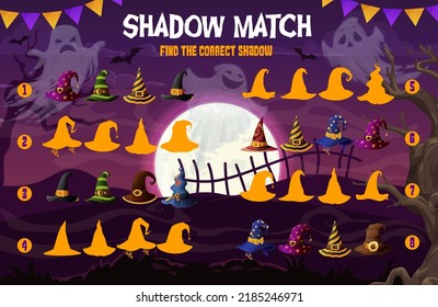 Halloween shadow match game, ghosts, witch and wizard hats on cemetery, vector kids puzzle. Find correct shadow or silhouette of witch hat, search riddle with funny cartoon Halloween ghosts and bats