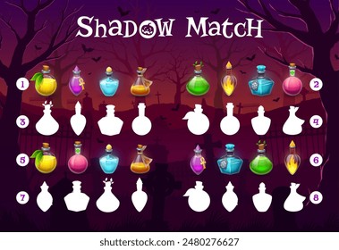 Halloween juego de sombras, bruja mágica botellas de poción. Encuentra un tono correcto de frasco de dibujos animados con mezcla. Hoja de trabajo del Vector de los niños, enigma educativo para el desarrollo de la mente lógica de los niños