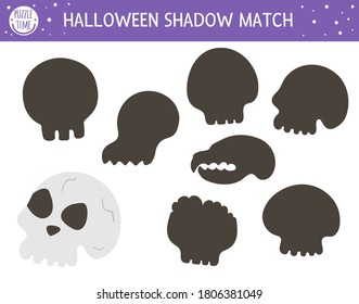 Halloween shadow matching activity for children. Autumn puzzle with sculls. Educational game for kids with scary bones. Find the correct silhouette printable worksheet. 
