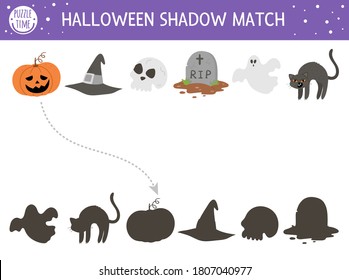 Halloween shadow matching activity for children. Autumn puzzle with scary objects. Educational game for kids with lantern, tomb, ghost, scull, cat. Find the correct silhouette printable worksheet. 
