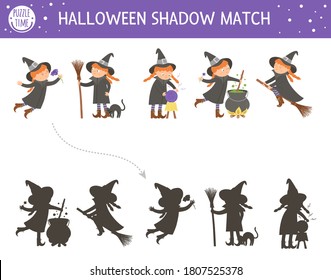 Halloween shadow matching activity for children. Autumn puzzle with witches. Educational game for kids with scary characters. Find the correct silhouette printable worksheet. 
