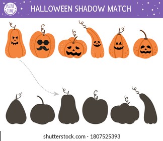 Halloween shadow matching activity for children. Autumn puzzle with jack-o-lanterns. Educational game for kids with scary pumpkins. Find the correct silhouette printable worksheet