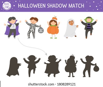 Halloween shadow matching activity for children. Autumn puzzle with kids dressed in scary costumes. Educational game with vampire, ghost, witch. Find the correct silhouette printable worksheet. 
