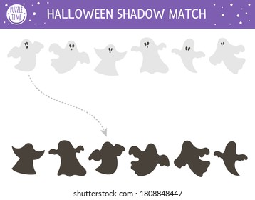 Halloween shadow matching activity for children. Autumn puzzle with ghost. Educational game for kids with scary spooks. Find the correct silhouette printable worksheet. 
