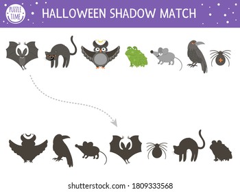 Halloween shadow matching activity for children. Autumn puzzle with scary animals. Educational game for kids with black cat, bat, owl, raven, spider. Find the correct silhouette printable worksheet. 
