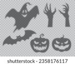 Halloween shadow overlay of ghost, pumpkin and bat and zombie monster, vector silhouette icons. Halloween holiday cartoon overlay shadow of scary pumpkin lantern, flying boo poltergeist and dead hands