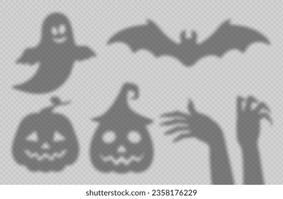 Halloween shadow overlay, isolated vector ghost, pumpkin faces, flying bat and hands shades on the wall with natural light effect. Silhouettes of funny smiling spook, gesturing arms and jack lantern