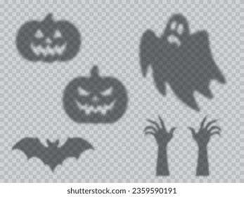 Halloween shadow overlay with pumpkin monsters, ghosts and and dead zombie hands, vector silhouette icons. Halloween holiday cartoon overlay shadows of scary pumpkin, flying boo poltergeist and bats