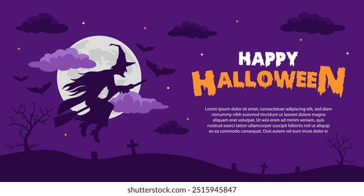 Halloween with shadow of witches, bats, ghosts and cemetery theme background of violet and purple