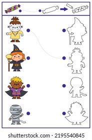 Halloween shape matching, coloring and drawing activity. Autumn holiday puzzle with cute kawaii witch, mummy, vampire. Find correct silhouette printable worksheet. All saints day page for kids
