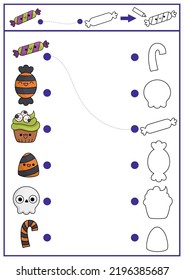 Halloween shape matching, coloring and drawing activity. Autumn holiday puzzle with cute kawaii sweets and desserts. Find correct silhouette printable worksheet. Trick or treat page for kids
