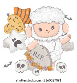 Halloween sheep with cartoon skulls. Vector illustration of Halloween animal. Cute little illustration Halloween lamb for kids, fairy tales, covers, baby shower, textile t-shirt, baby book.