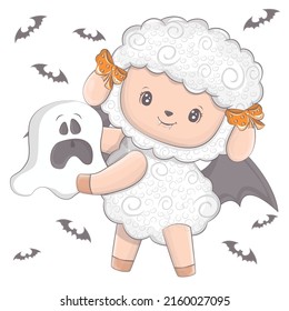 Halloween sheep with a ghost. Vector illustration of Halloween animal. Cute little illustration Halloween lamb for kids, fairy tales, covers, baby shower, textile t-shirt, baby book