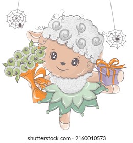 Halloween sheep illustration with pumpkin. Vector illustration of Halloween animal. Cute little illustration Halloween lamb for kids, fairy tales, covers, baby shower, textile t-shirt, baby book.