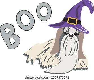 Halloween Shih Tzu Dog Illustration. Sublimation T-Shirt Print. Cute Pet with Boo Text. Wearing Witch Hat.