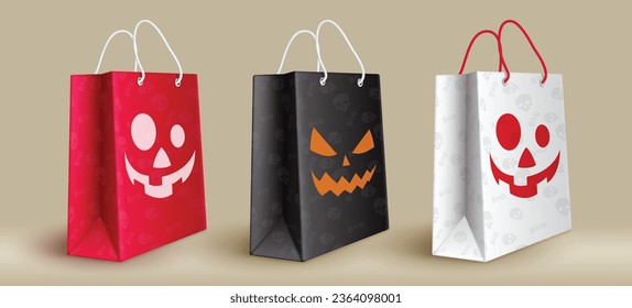 Halloween shopping bags vector set design. Halloween paper bag objects for season holiday shopping elements collection. Vector illustration gifts paper bag collection.
