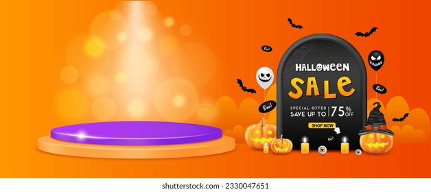 Halloween shopping banner. Special Offer Sale 75% Off campaign promotion. Design for online social media with blank podium display scene decoration with scary ornament pumpkins, ghost balloon. Vector
