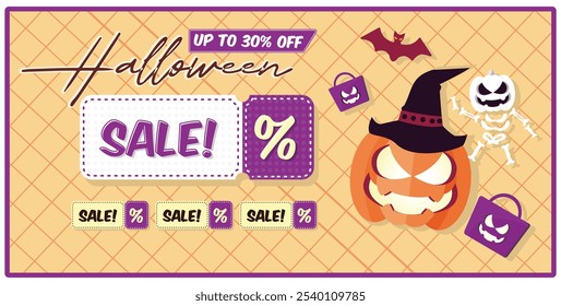 Promoción de compras de Halloween con calabaza Jack O Lantern. Lindo bolso de compras, murciélago, y decoración fantasma. Concepto de Halloween. Ilustración vectorial plana.