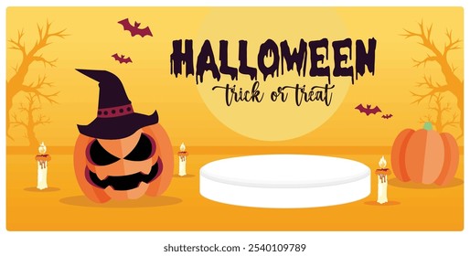 Halloween shopping promotion with a podium. Pumpkins, candles, and bats on an orange background. Halloween concept. Flat vector illustration.