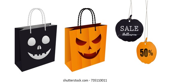 Halloween shopping set. Includes paper bags and labels. Vector design isolated for all backgrounds. 