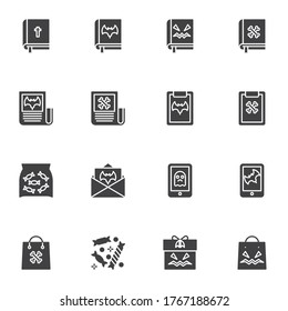 Halloween shopping vector icons set, modern solid symbol collection, filled style pictogram pack. Signs logo illustration. Set includes icons as bible book with holy cross, party invitation card, gift