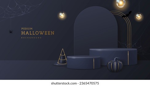 Halloween-Showcase Hintergrund mit 3D-Podien, Halloween-Kürbis und elektrischen Lichtern. Halloween, unscharfer Hintergrund. Vektorgrafik