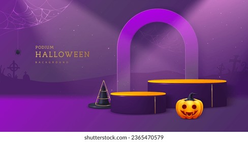 Halloween showcase background with 3d podiums, halloween pumpkin and cemetery. Halloween spooky background. Abstract minimal scene. Vector illustration