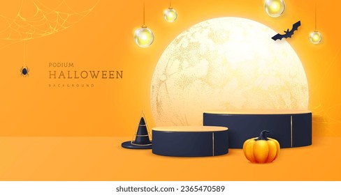 Halloween showcase background with 3d podiums, halloween pumpkin and full moon. Halloween spooky background. Vector illustration