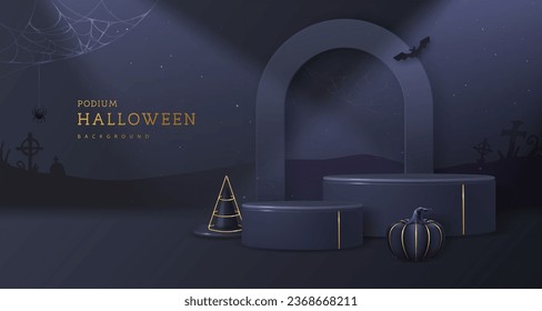 Halloween showcase background with 3d podiums, halloween pumpkin and cemetery. Halloween spooky background. Abstract minimal scene. Vector illustration