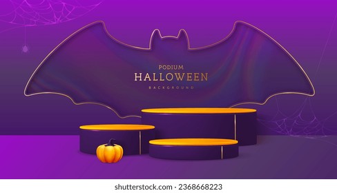 Halloween Showcase Hintergrund mit 3D-Podien, halloween Kürbis und Fledermaus geschnitten Silhouette. Halloween, unscharfer Hintergrund. Vektorgrafik