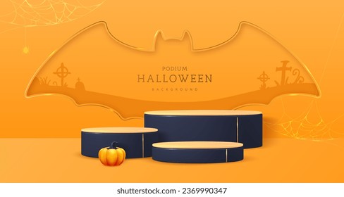 Halloween showcase background with 3d podiums, halloween pumpkin and bat cut out silhouette. Halloween spooky background. Vector illustration