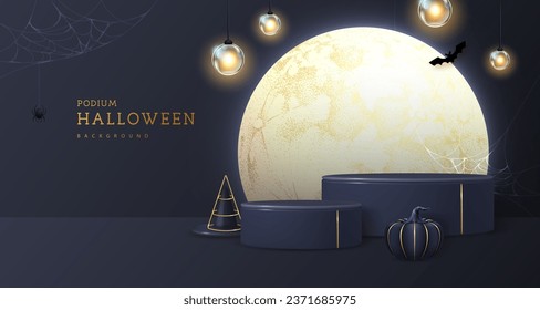 Halloween showcase background with 3d podiums, halloween pumpkin and full moon. Halloween spooky background. Vector illustration