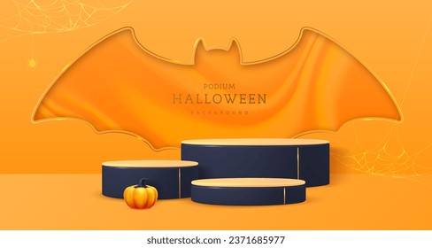 Halloween muestra el fondo de la vitrina con podios en 3d, calabaza de halloween y silueta de murciélago cortada. Halloween tiene un origen espeluznante. Ilustración del vector