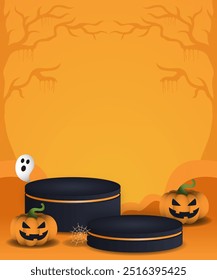 Halloween showcase background with podiums, pumpkin and spooky ghost with copy space area