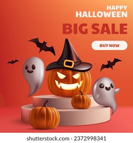 Halloween showcase minimalistic stage with an orange backdrop and 3d pumpkin, ghost, bats. Product presentations and holiday promotions, big sale banner spooky elegance design. Not AI