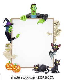 Halloween sign or banner with orange Halloween pumpkins and black witch's cats, witch's broom stick and cartoon mummy, Frankenstein, bat, skeleton and witch characters
