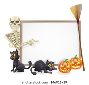 Halloween sign or banner with orange Halloween pumpkins and black witch's cats, witch's broom stick and cartoon skeleton character 