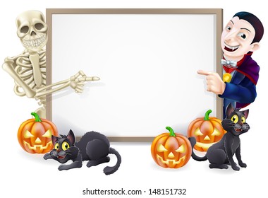 Halloween sign or banner with orange Halloween pumpkins and black witch's cats, witch's broom stick and cartoon skeleton and vampire Count Dracula characters 