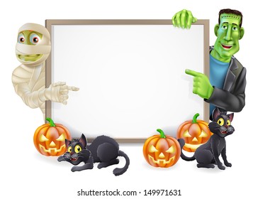 Halloween sign or banner with orange Halloween pumpkins and black witch's cats, witch's broomstick and cartoon Frankenstein monster and mummy characters