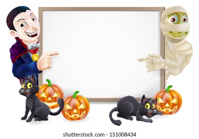 Halloween sign or banner with orange Halloween pumpkins and black witches cats, witch's broomstick and cartoon Dracula vampire and mummy characters 