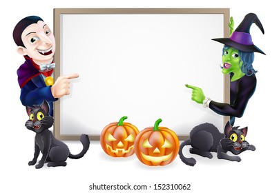 Halloween sign or banner with orange Halloween pumpkins and black witch's cats, witch's broom stick and cartoon Dracula and witch characters 