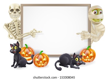 Halloween sign or banner with orange Halloween pumpkins and black witch's cats, witch's broom stick and cartoon skeleton and mummy characters 