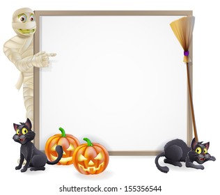 Halloween sign or banner with orange Halloween pumpkins and black witch's cats, witch's broom stick and cartoon mummy monster character 
