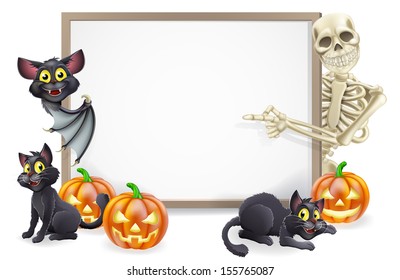 Halloween sign or banner with orange Halloween pumpkins and black witch's cats, witch's broom stick and cartoon skeleton and vampire bat characters 