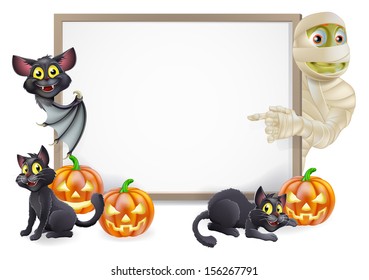 Halloween sign or banner with orange Halloween pumpkins and black witch's cats, witch's broom stick and cartoon mummy and vampire bat characters 