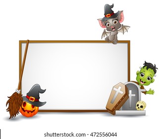 Halloween sign with bat, Frankenstein, and pumpkin