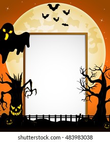 Halloween sign with black ghost and flying bats and spooky tree.Vector illustration